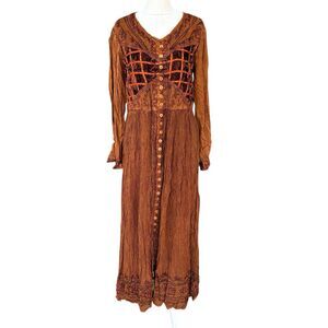 MPH Dress Women M 100% Rayon Maxi Folk Embroidered Boho Floral Brown Vintage L